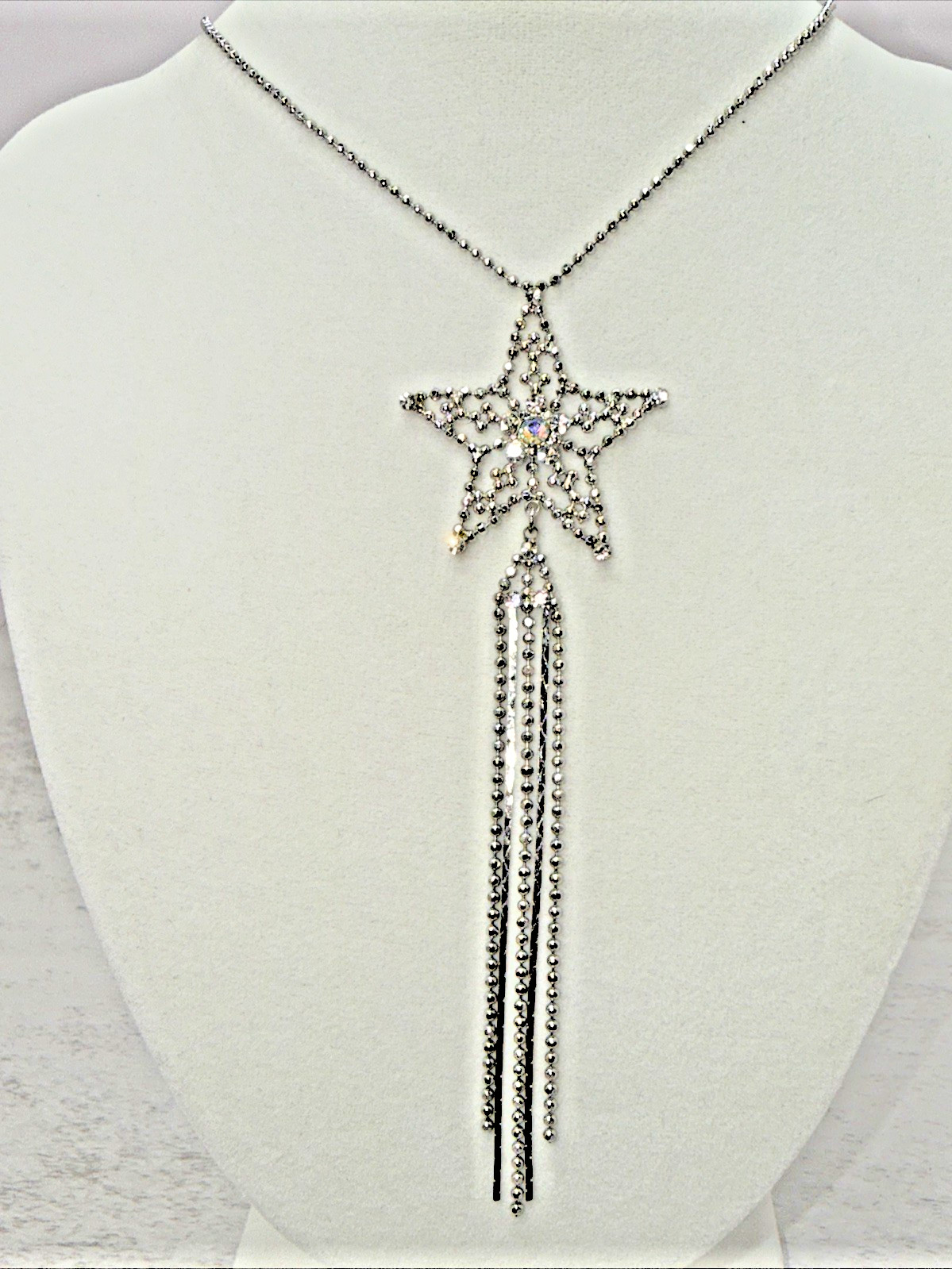 Vintage Silver Tone Rhinestone Star Tassel Lariat Y Necklace Bead Chain Bling