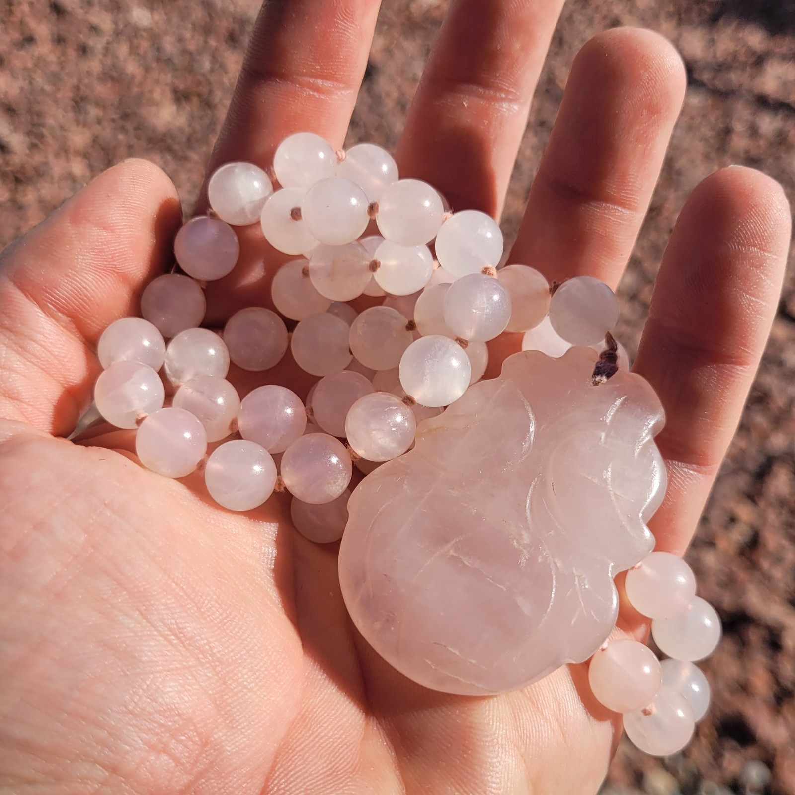 Hand-Knotted Natural Rose Quartz Bead Necklace with Carved Pendant 10mm 32″