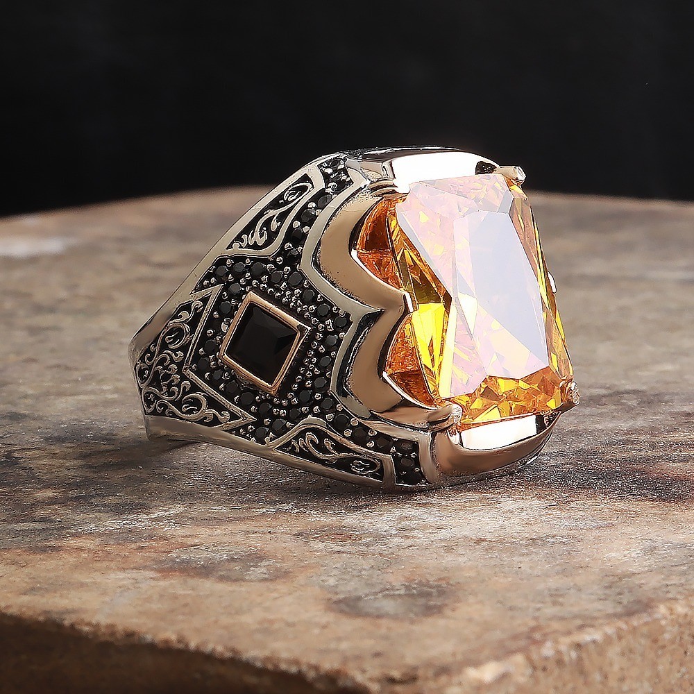 Simulated Orange Citrine Ring Turkish Handmade 925 Sterling Silver Men’s Ring 03