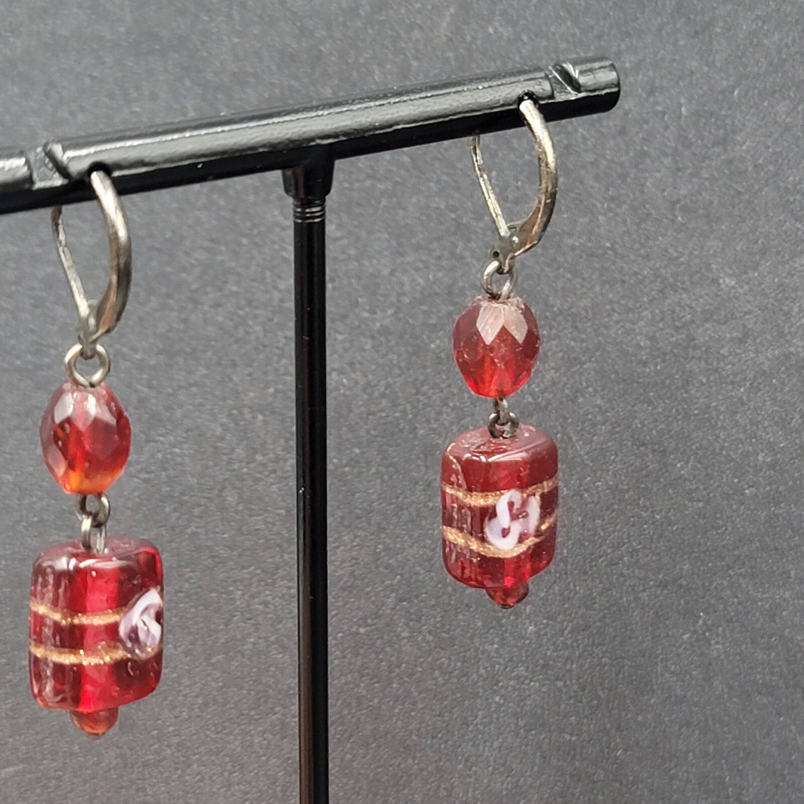 Pierced Earrings Black Metal Red Art Glass Beads 1.25″
