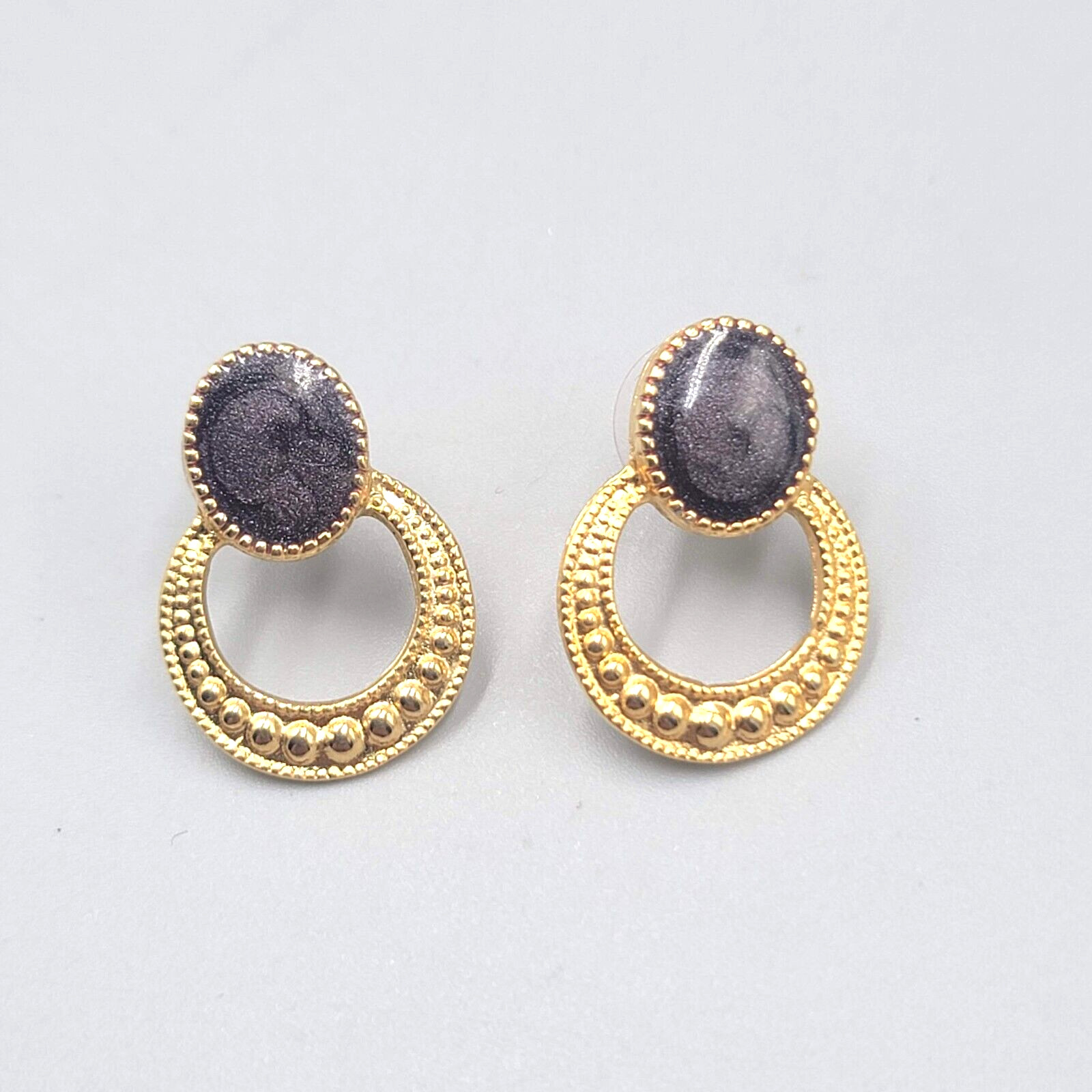 Gold tone Dark Gray Enamel Pierced Earrings Drop 1″