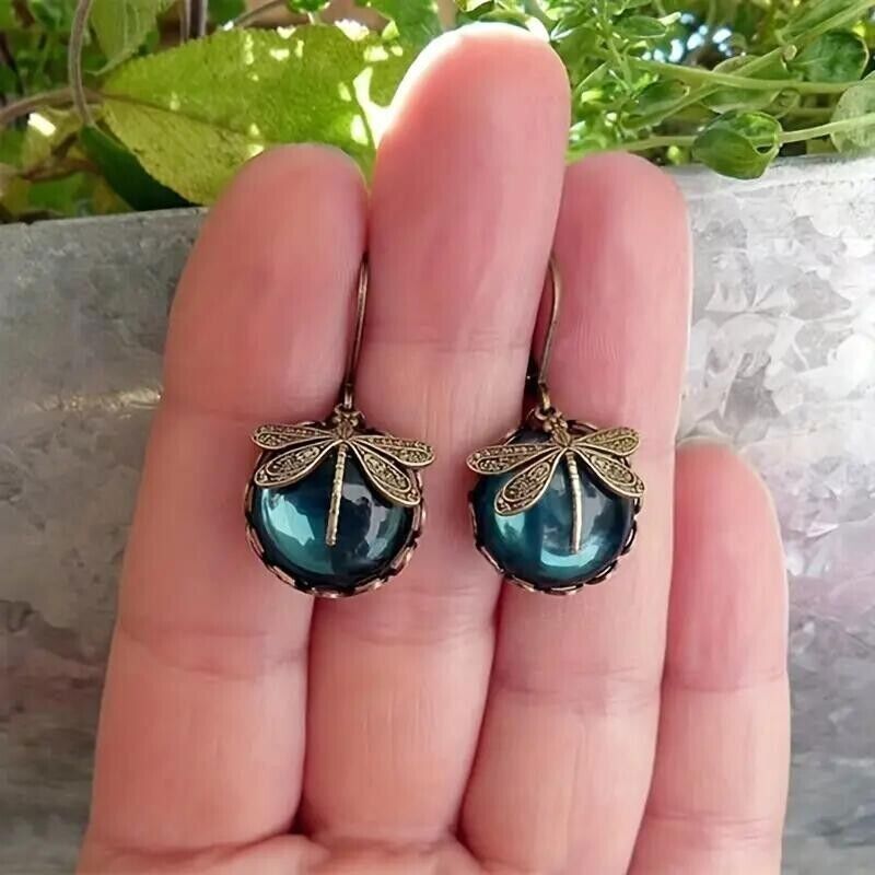 Earrings Women Vintage Boho Dragonfly Teal Blue Crystal Dangle Jewelry Party New