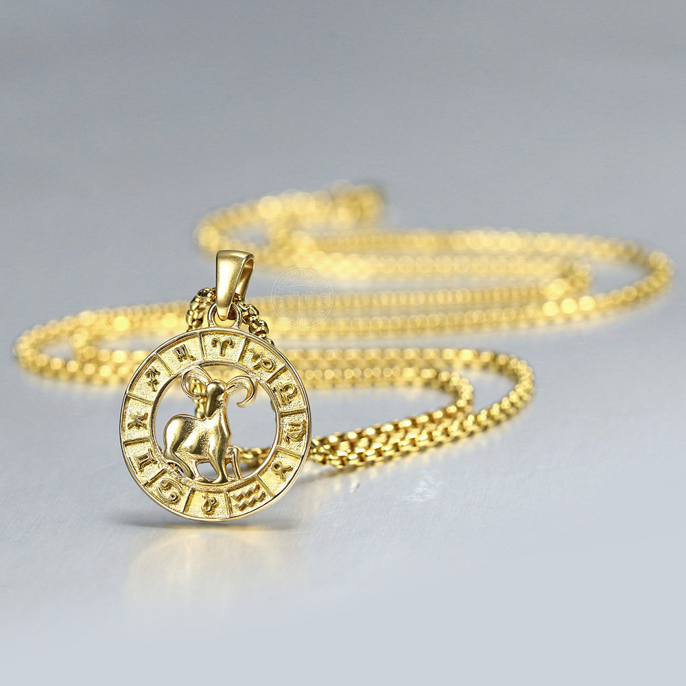 Yellow Gold Plated Stainless Steel 12 Zodiac Sign Pendant Necklace 18-22″ Chain