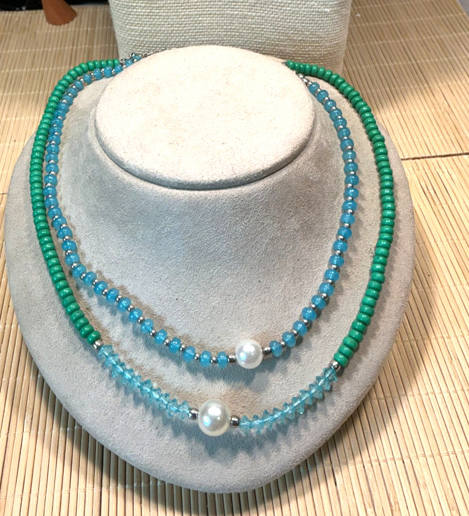 Fashion Necklace Plastic Glass Aqua Green Silver Tone Faux Pearl Multi Lot 104