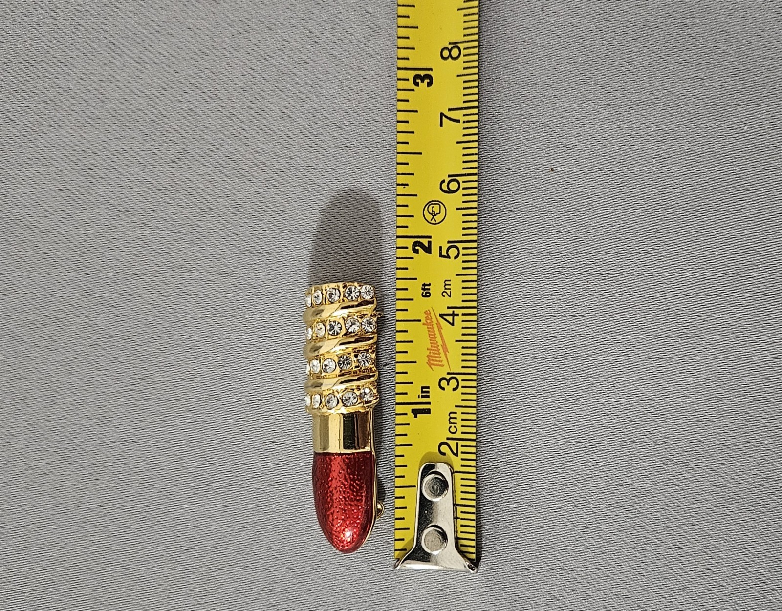 Lipstick Brooch Pin Red Enamel Gold Tone Rhinestones Costume Jewelry