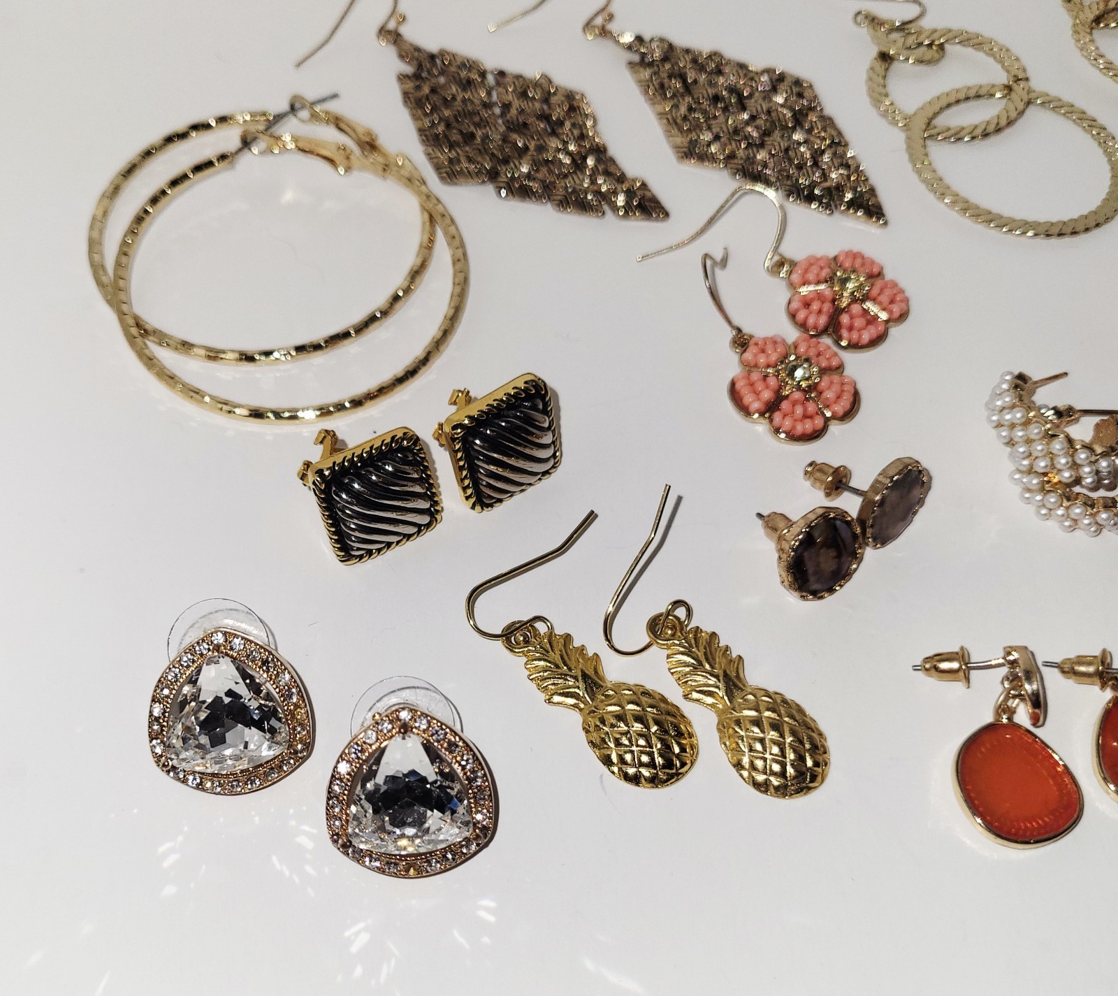 Lot of Earrings 13 Pair Gold Tone Dangles Hoops Studs Pierced Varied Styles EUC