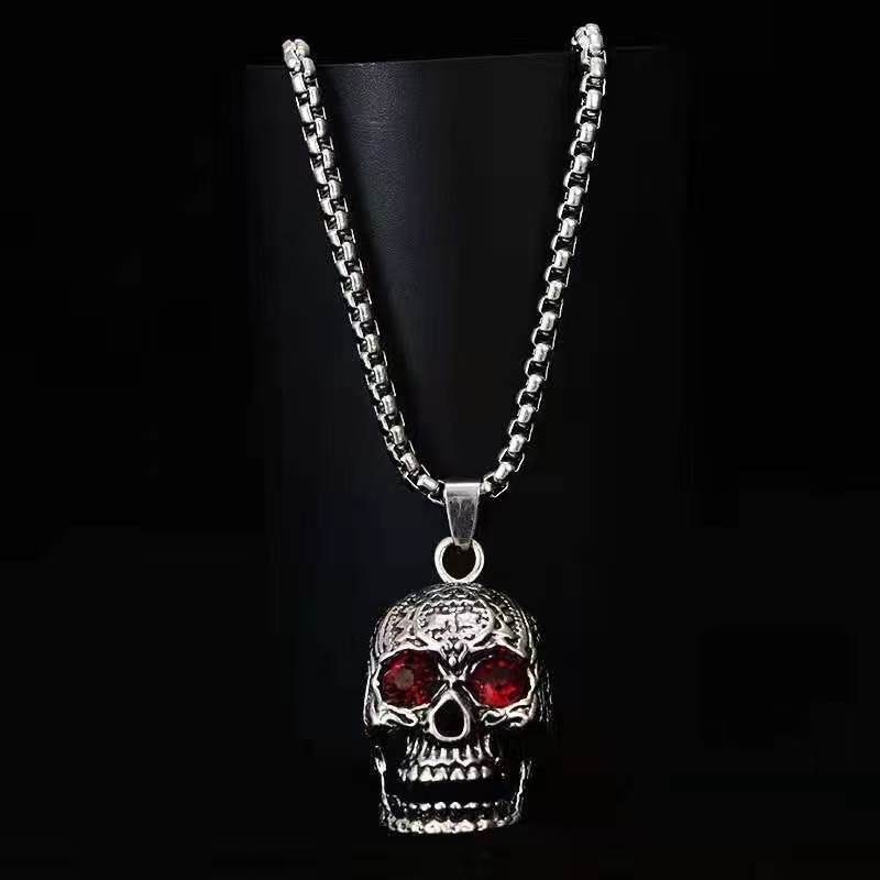 Men’s Skull Pendant Necklace Red Eye Gothic Punk Halloween Jewelry Biker Vintage