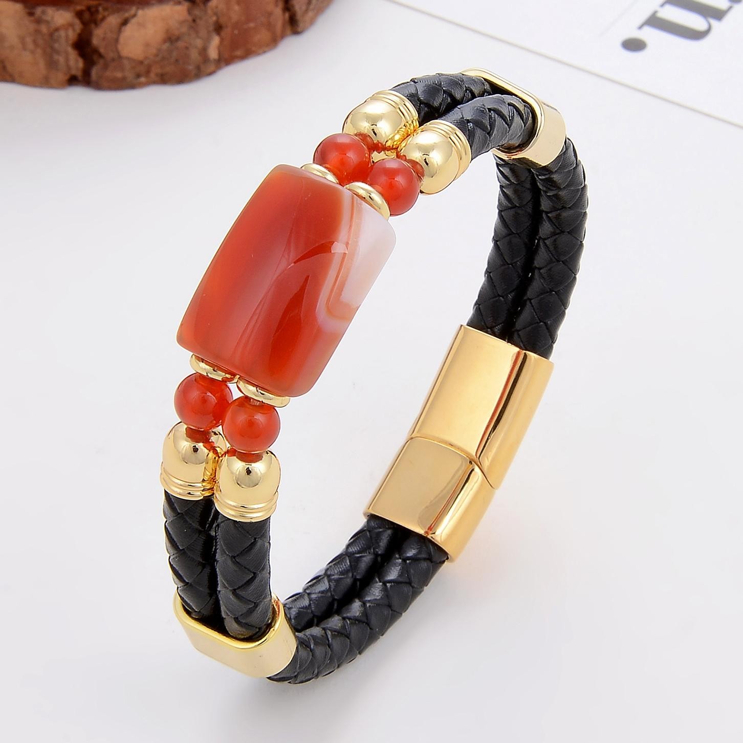 6 Style Natural Stone Bracelet Women Stainless Steel Magnetic Clasp Leather
