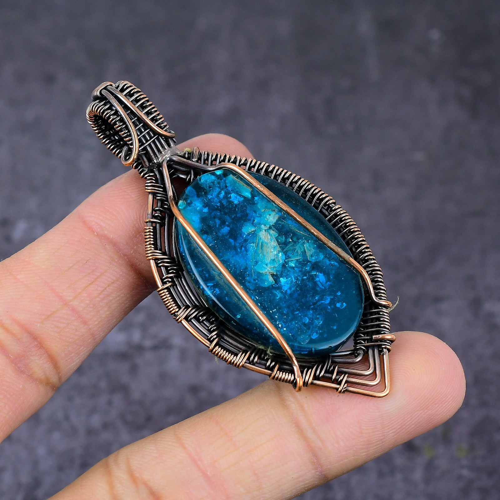 Blue Amber Gemstone Handmade Copper Wire Wrap Gift Jewelry Pendant 2.76″ Z630