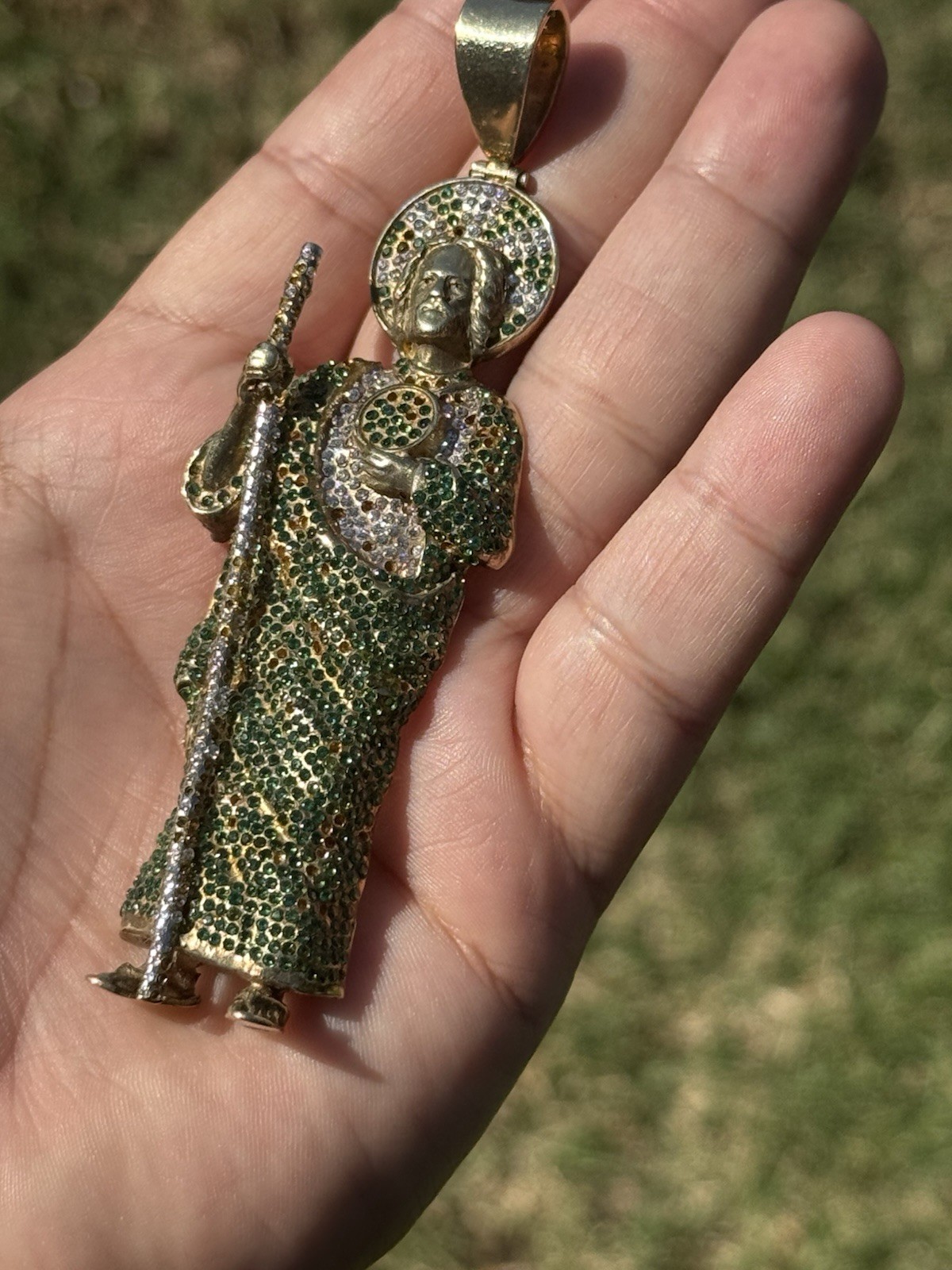 Custom San Judas pendant 10k gold with emerald and white CZs