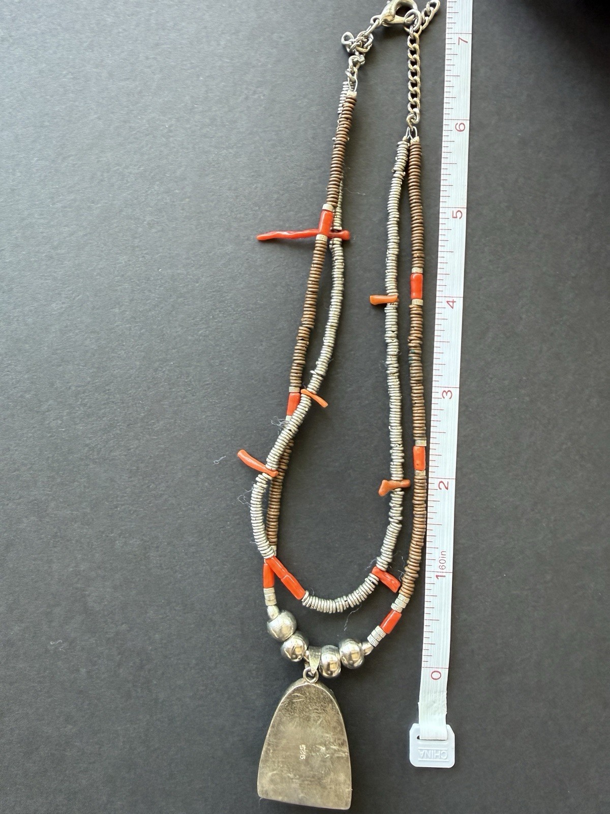 Vintage Phra Pidta 925 Sterling, Copper & Coral Beaded Necklace w/Charm Pendant