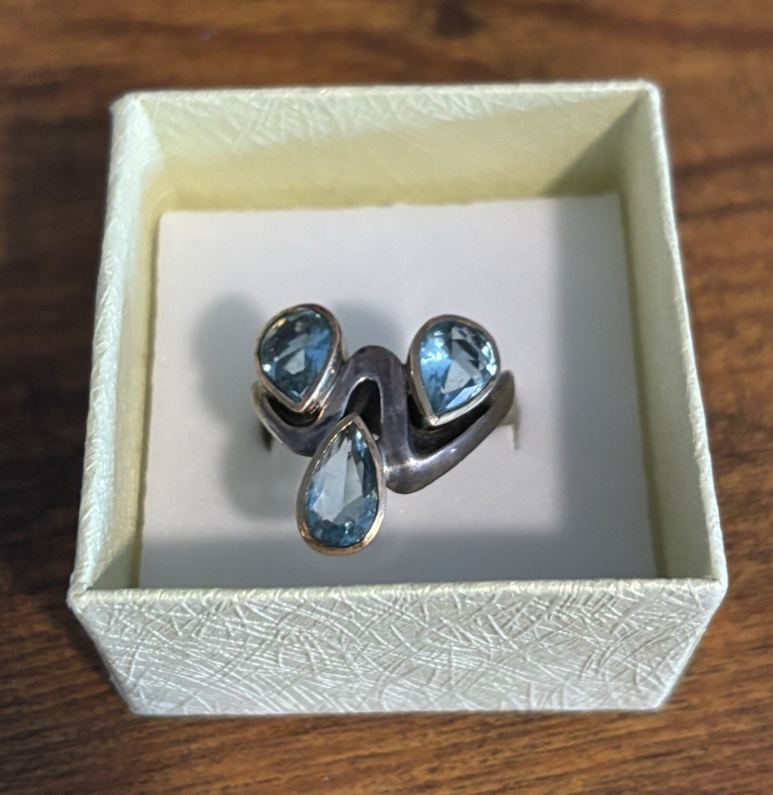 Bora Silver Cocktail Ring Size 10.75 Swirl 3 Blue Quartz Teardrop Stones