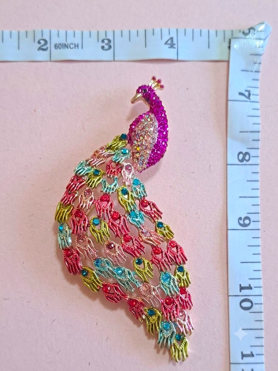 Peacock Multicolor Rhinestone Brooch Pin Gold Tone Metal, 4 in