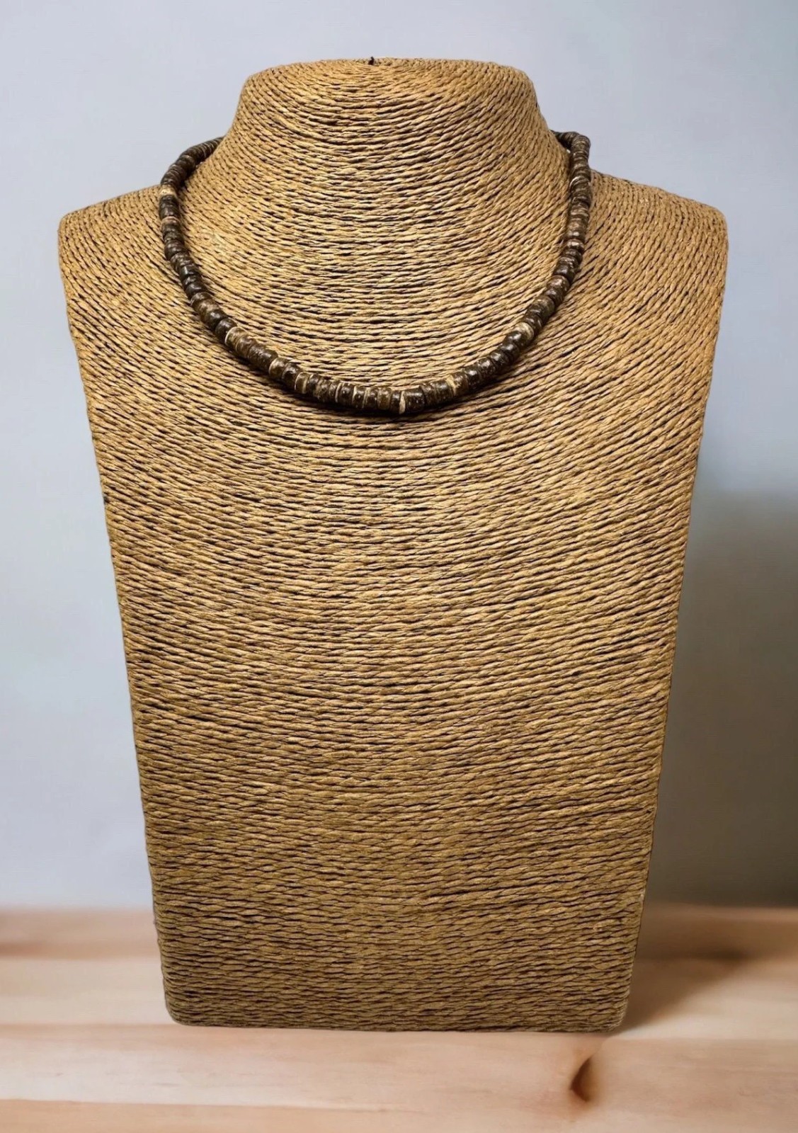 Handmade Thin Wooden Beaded Choker Necklace Coconut Shell Wood Unisex 18″ Inches