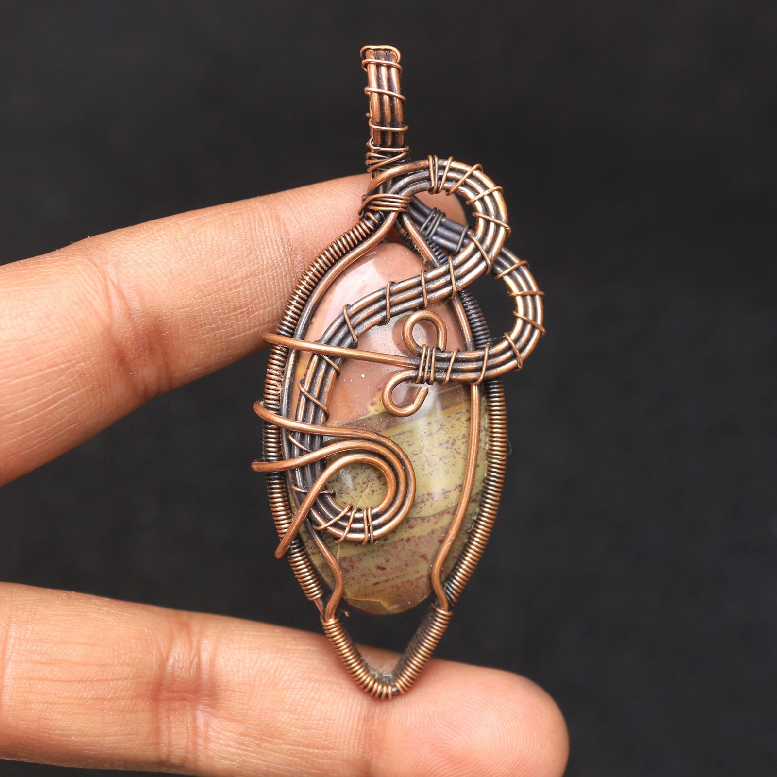 Gift For Birthday Picture Jasper Pendant Copper Wire Wrap Gemstone Jewelry N37