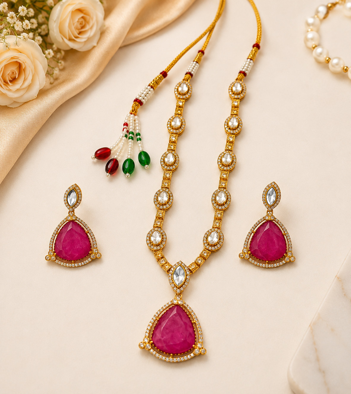 Pink Stone Necklace & Earrings Set Gold Tone Statement Jewelry Women 140