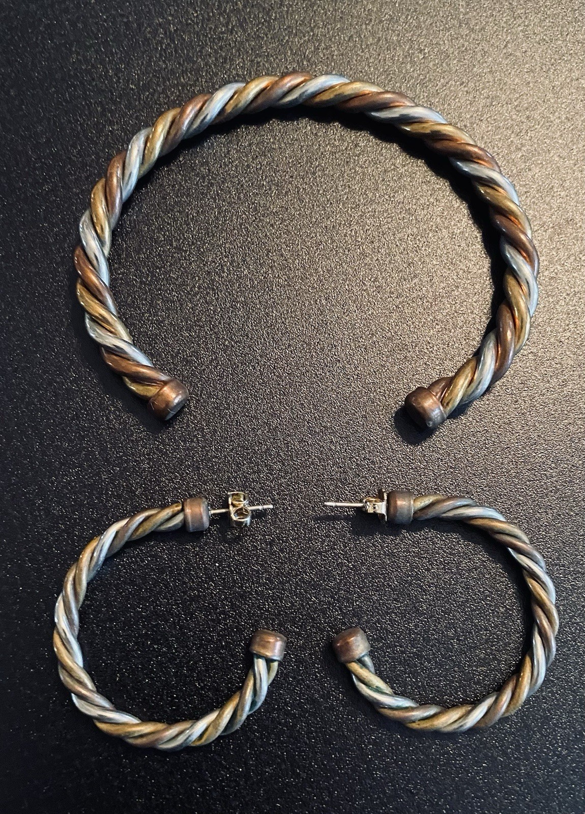 VINTAGE Copper,Brass, & Nickel Bracelet Cuff Bangle With Matching Earrings