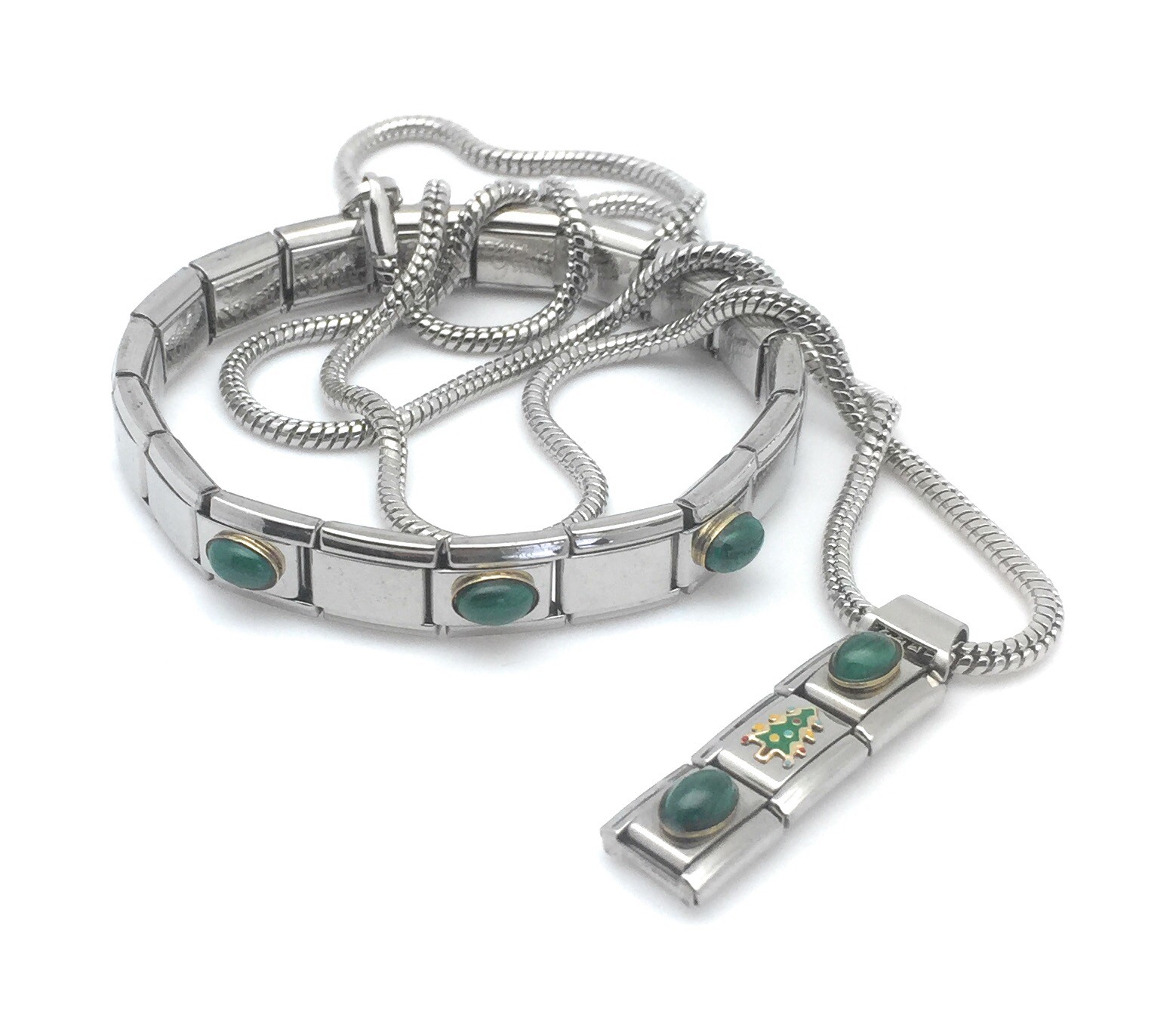 Italian Charm Necklace & Bracelet Stainless Steel Links 18K Stone Enamel Tree