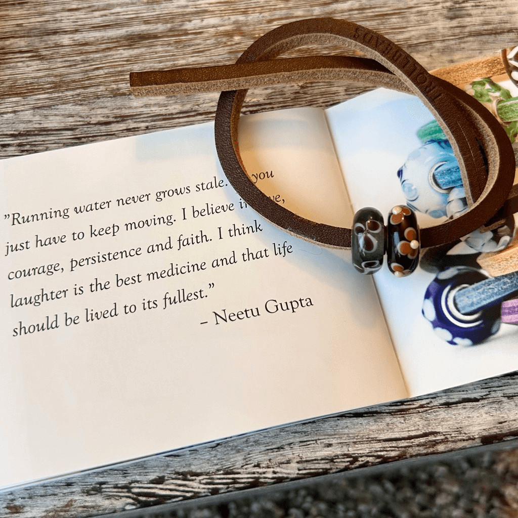 TROLLBEADS UU Brown Leather Bracelet 2 Flower Beads Set LAA 925S w Uniques Book