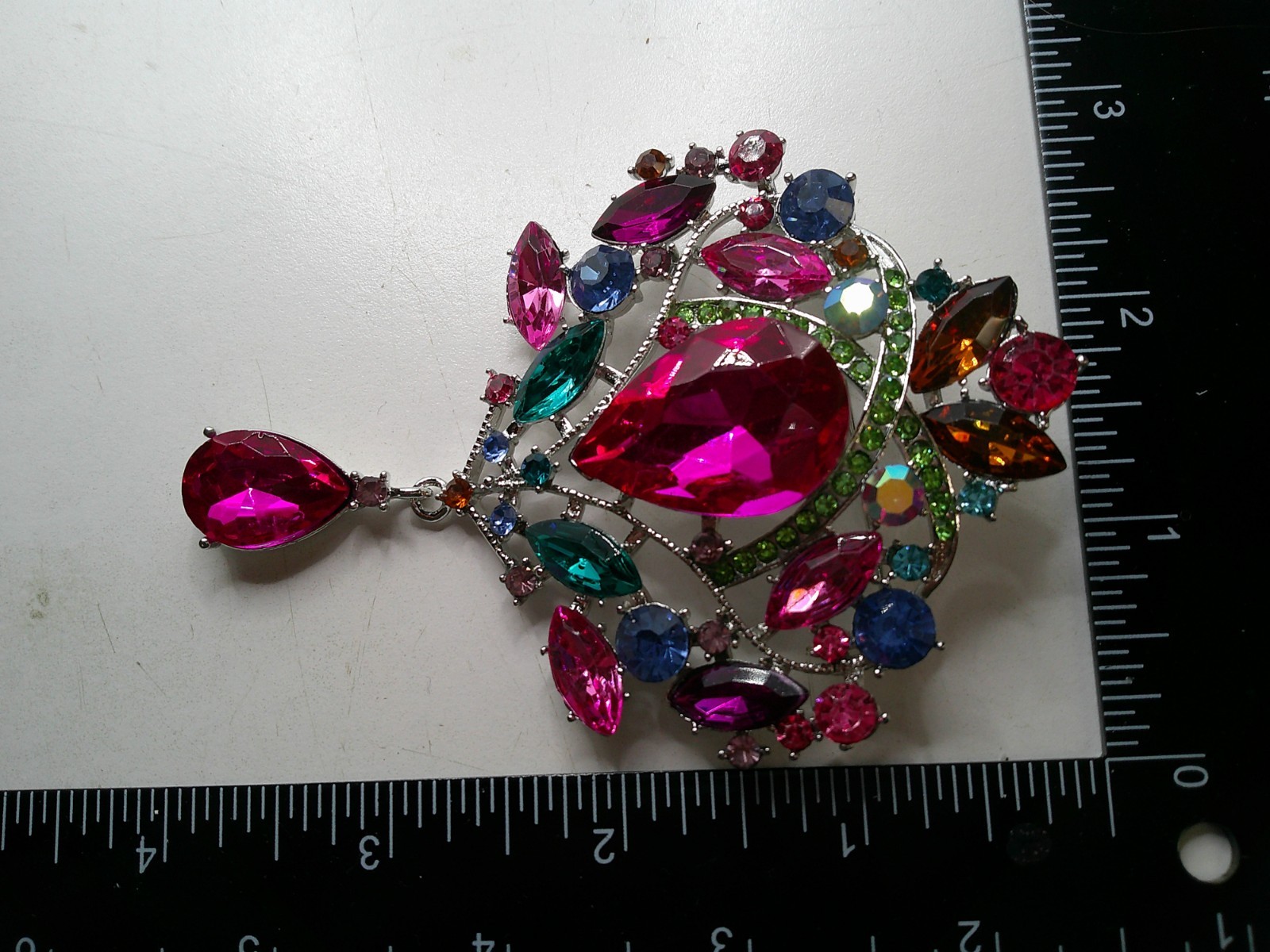 Pink Blue Large Rhinestone dangler brooch Pin ~ Retro ~ 3.9″ (E7)