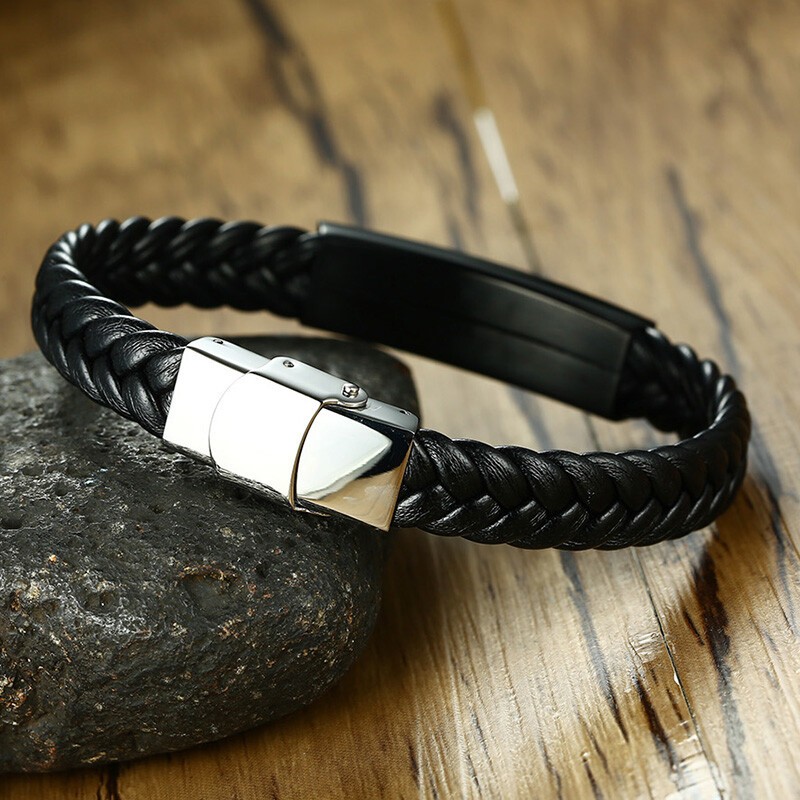 Personalized Men Bracelet Braided Leather Surfer Wristband ID Name Engraving DIY