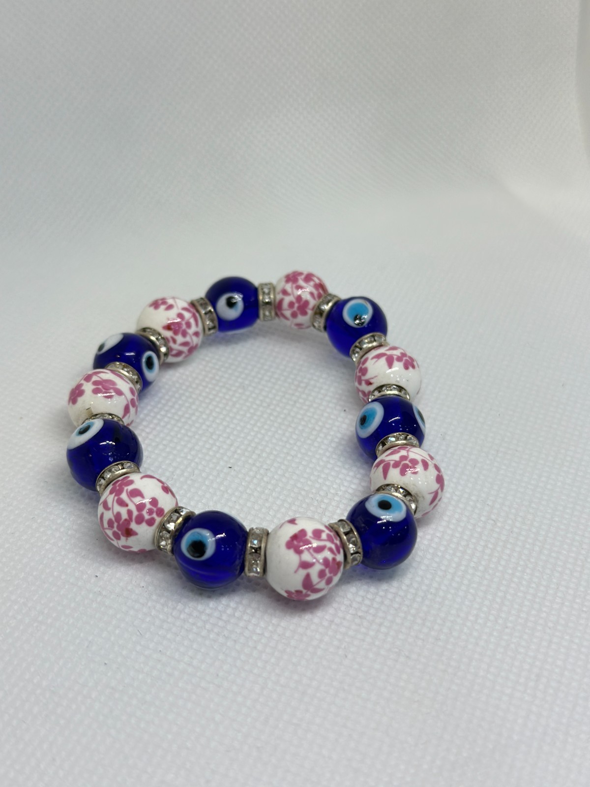 EVIL EYE BRACELET BLUE GLASS CERAMIC PINK FLOWER BEADS PROTECTION LUCKY JEWELRY