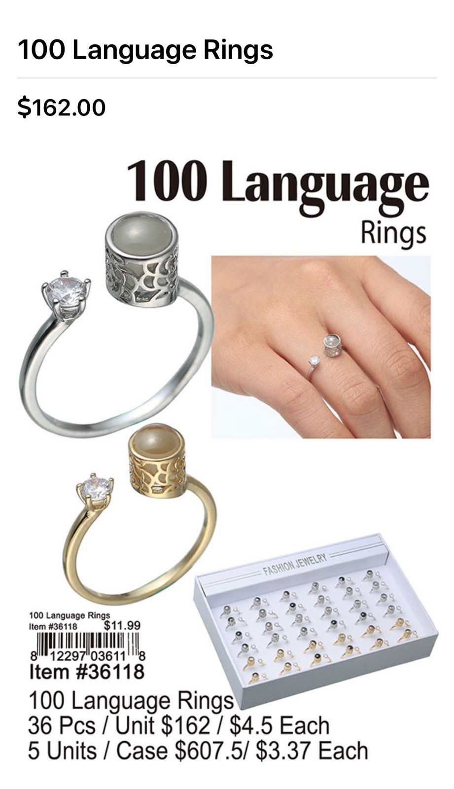 Puka Creations Language Rings 36 PACK Gold & Silver Sizes 5 6 7 8 NEW SHIPS FREE
