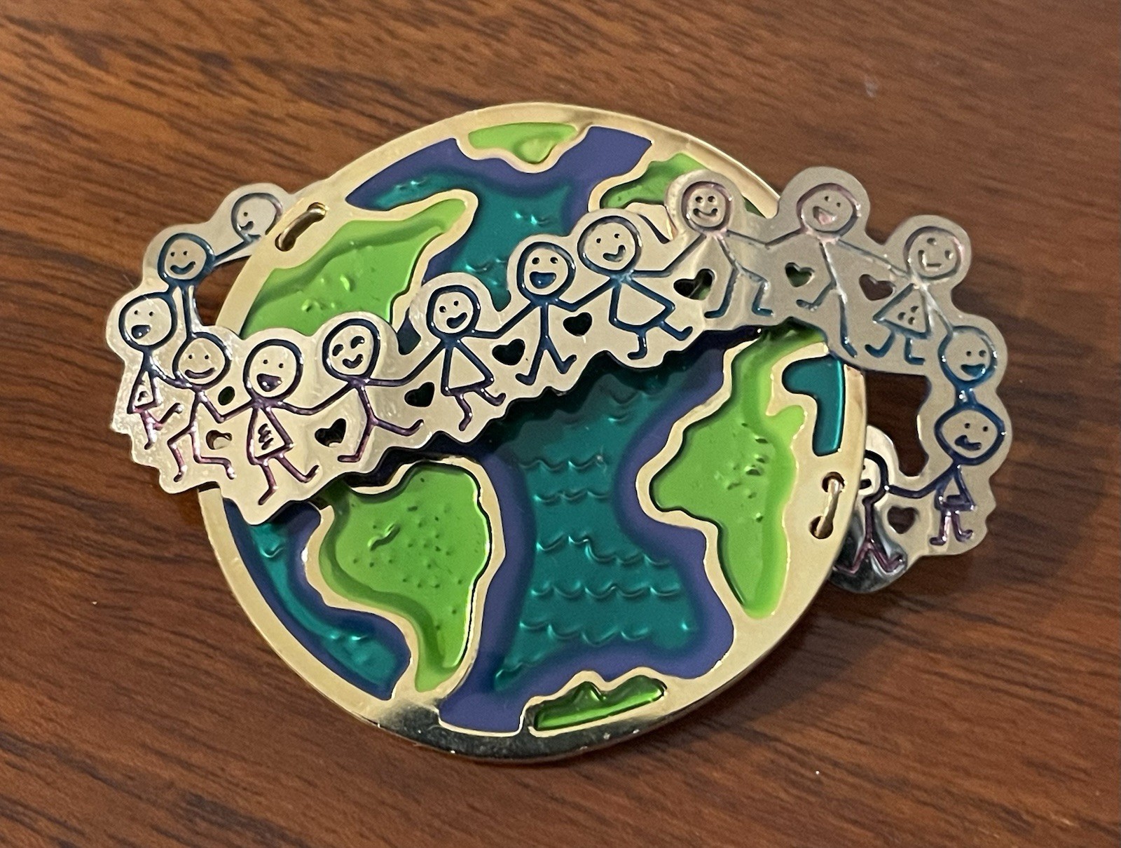 Peace On Earth Children Holding Hands Around The World Brooch Signed Two Hands