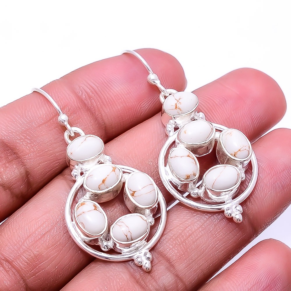 Copper White Turquoise Multi Collet 925 Sterling Silver Earring 1.83″ E30