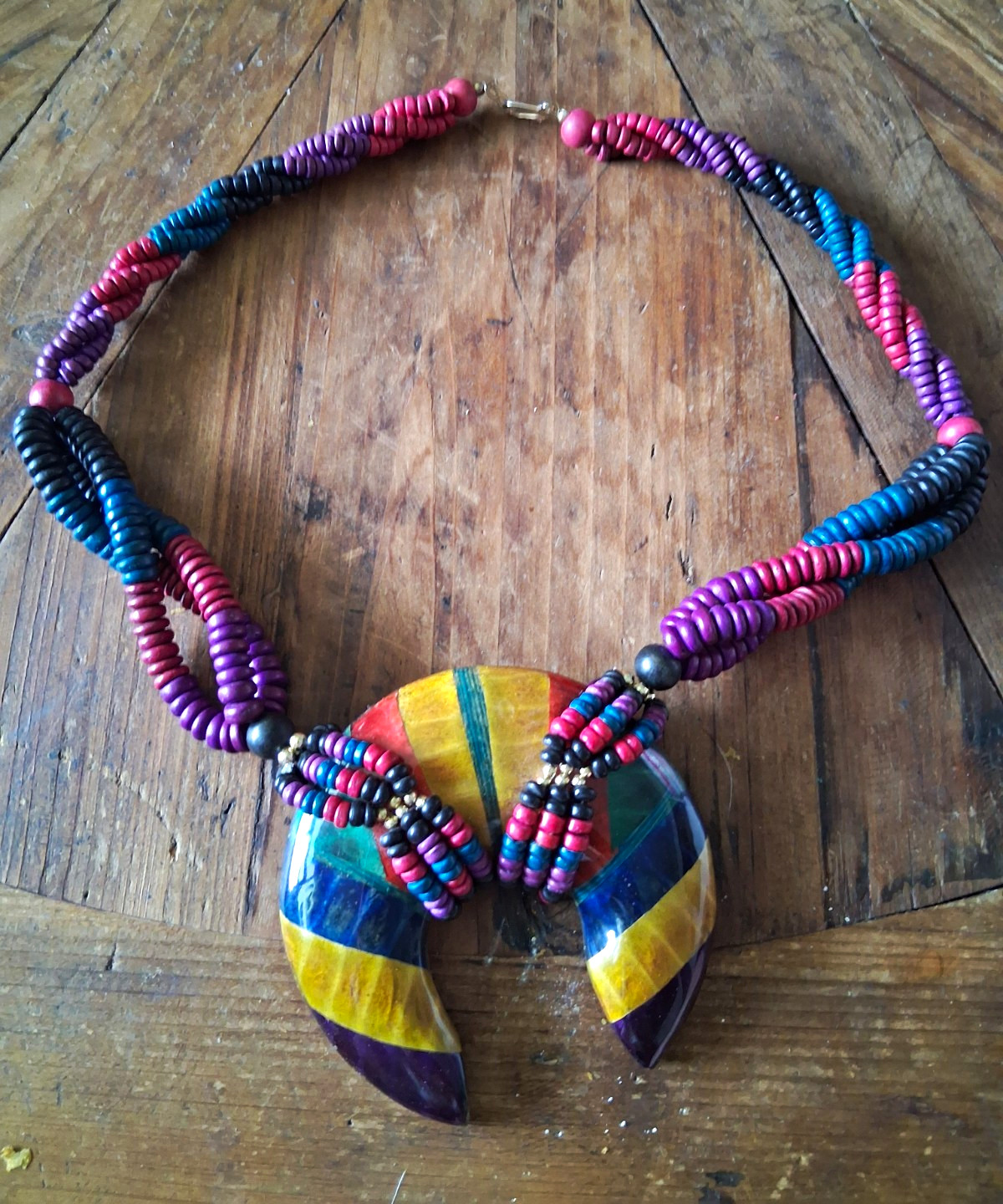 Large Boho Wooden Crescent Statement Necklace Multicolor Painted Pendant