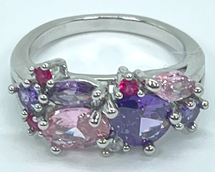 Ring Silver Tone Multicolor Cubic Zirconia Inlay Crystals Lush Prong Setting S6