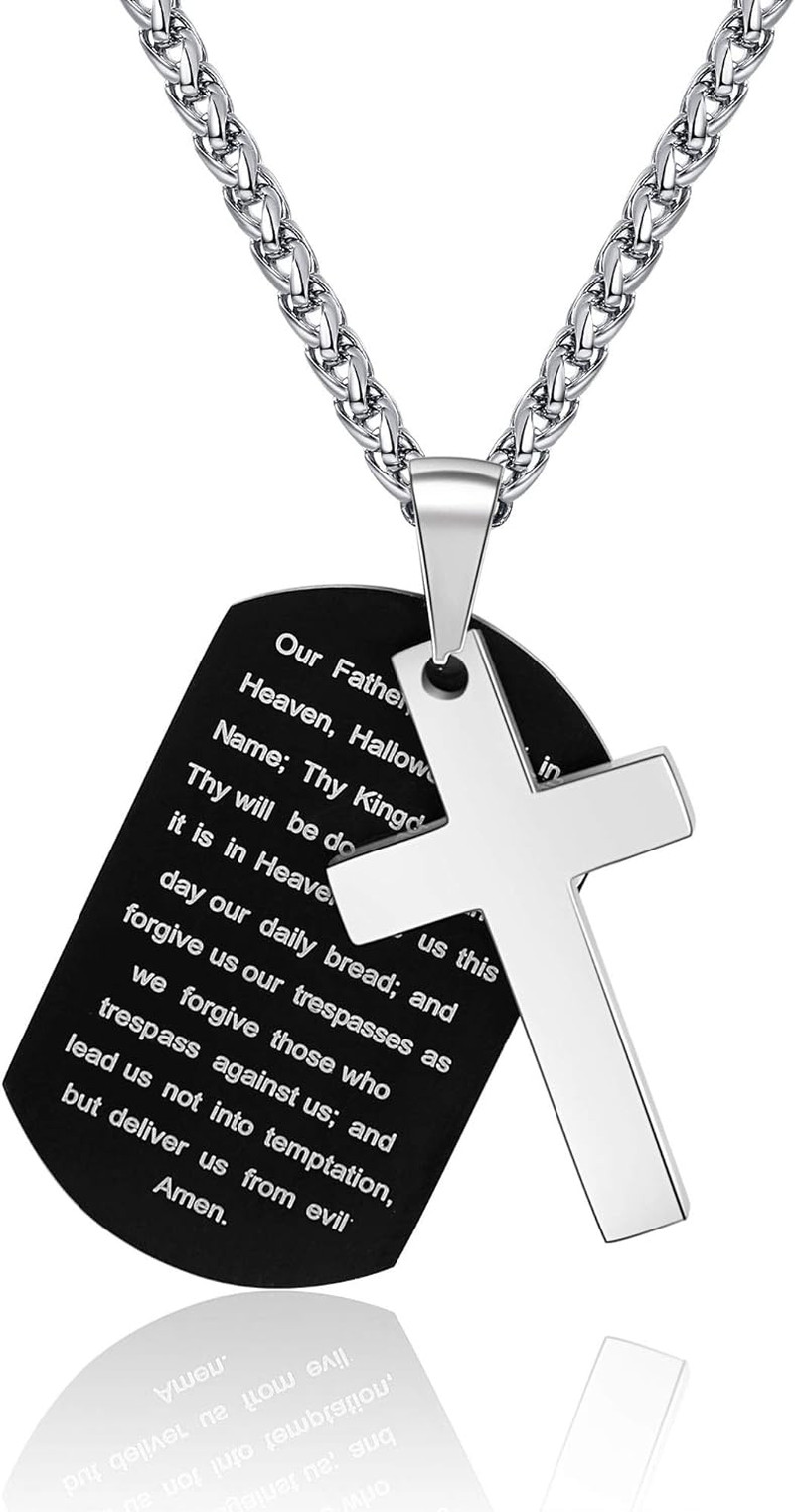 Dog Tag Cross Necklace Gifts for Boys Men, Stainless Steel Bible Verse Pendant C
