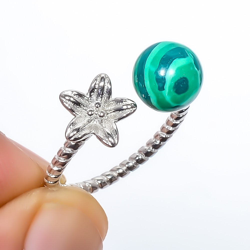Malachite Gemstone 925 Silver Plated Ring Adjustable (R103)