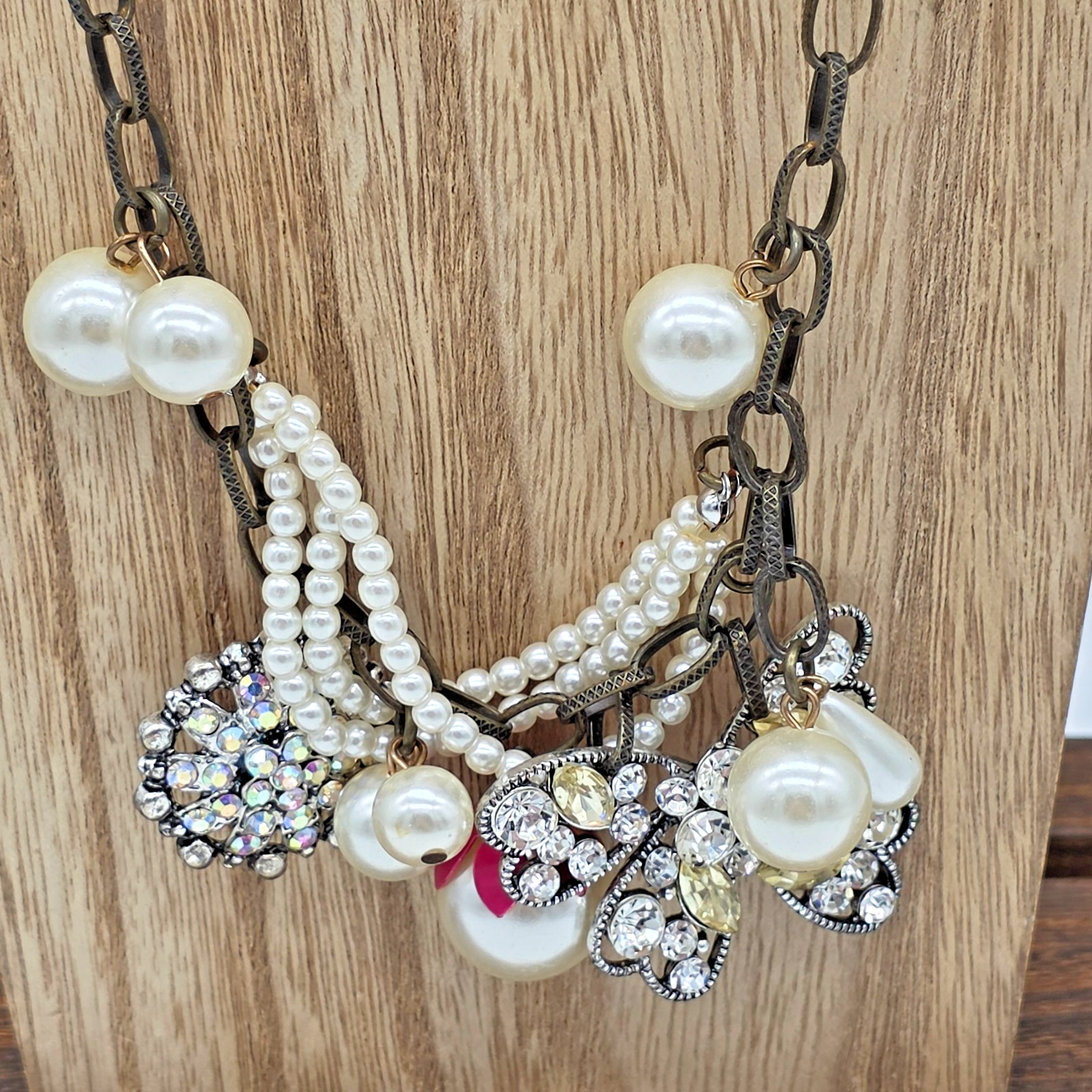 Plunder Antique Bronze Necklace Pearl Wrap & Crystal Butterfly Charms 20”
