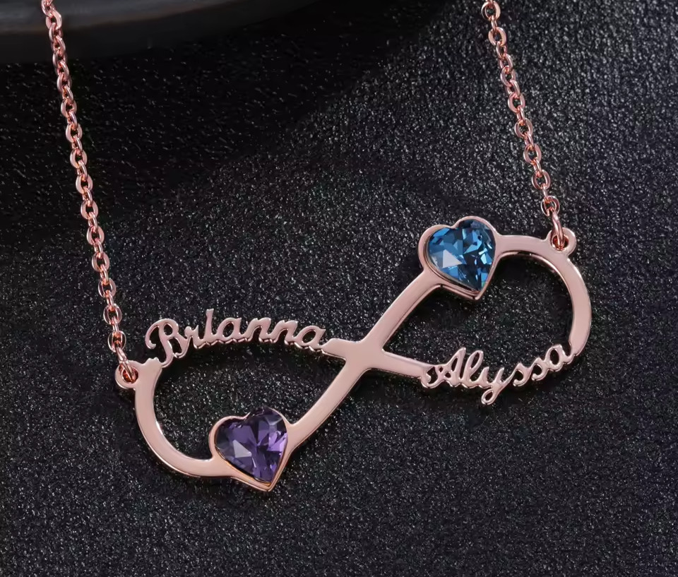 Custom Two Names Birthstone Infinity Shape Necklace Heart Engagement Jewelry