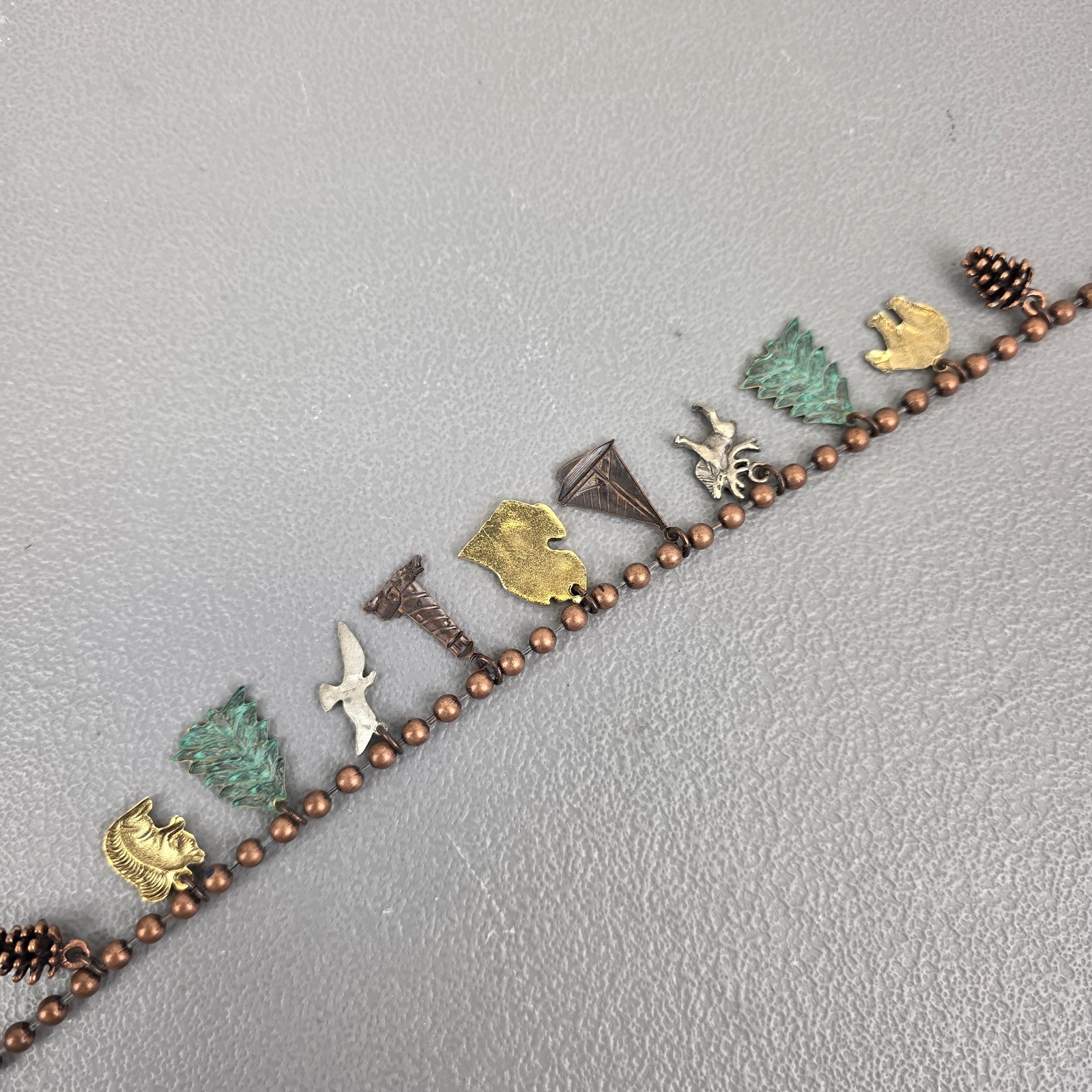 Michigan Themed Charm Necklace Ball Chain Copper Bronze Tone Lighthouse Map Elk