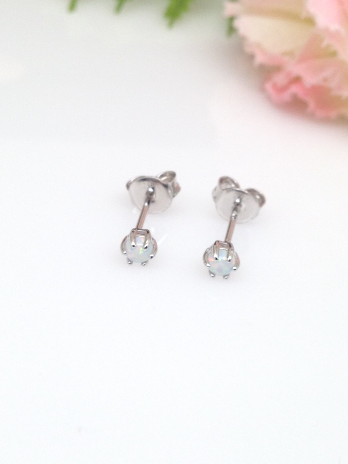 White Opal Stud Earrings Sterling Silver 925 Dainty Round Opal Studs 2.9mm