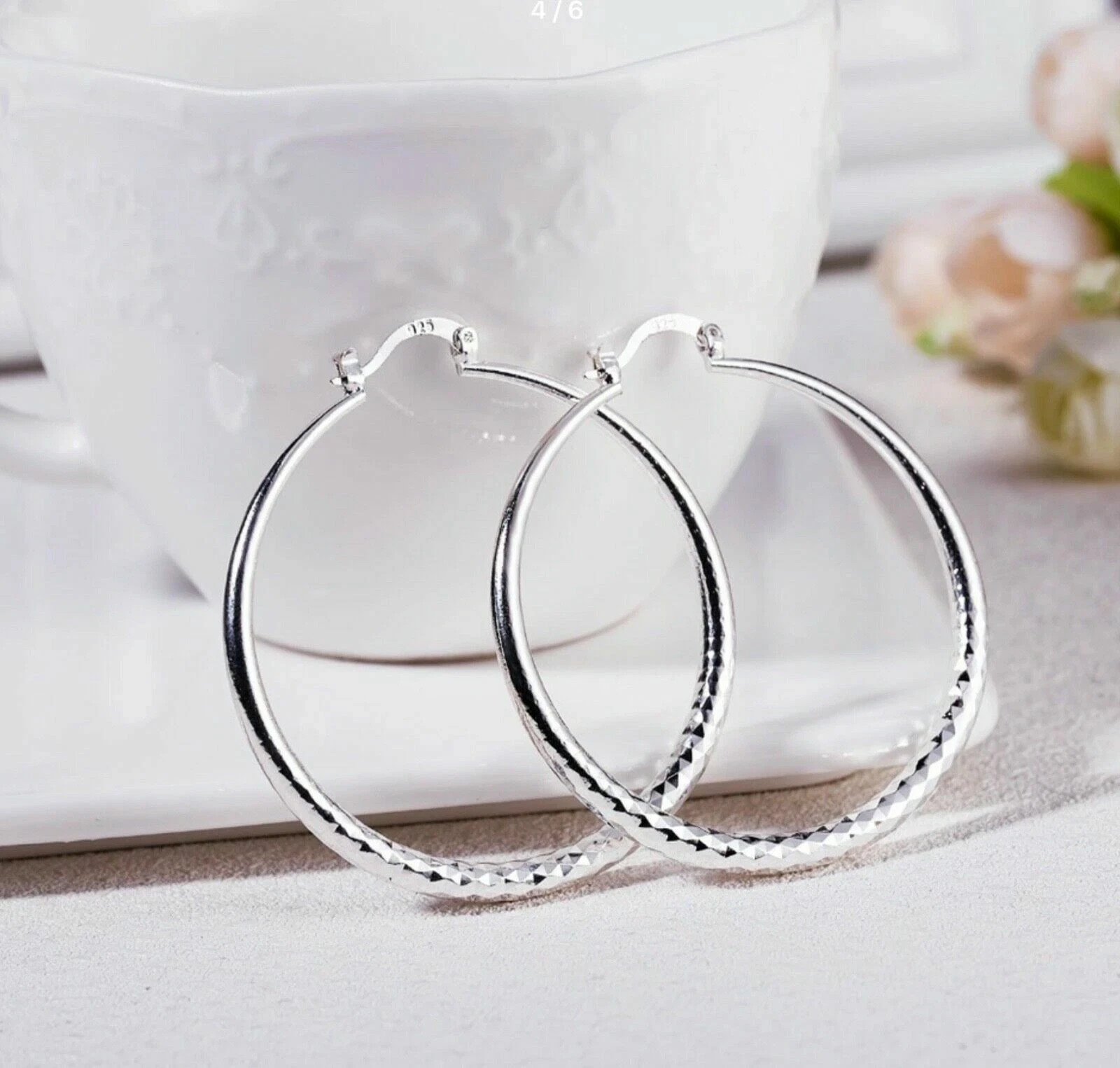 1 Pair 30mm Silver Plated Big Textured Hoop Earrings for Women