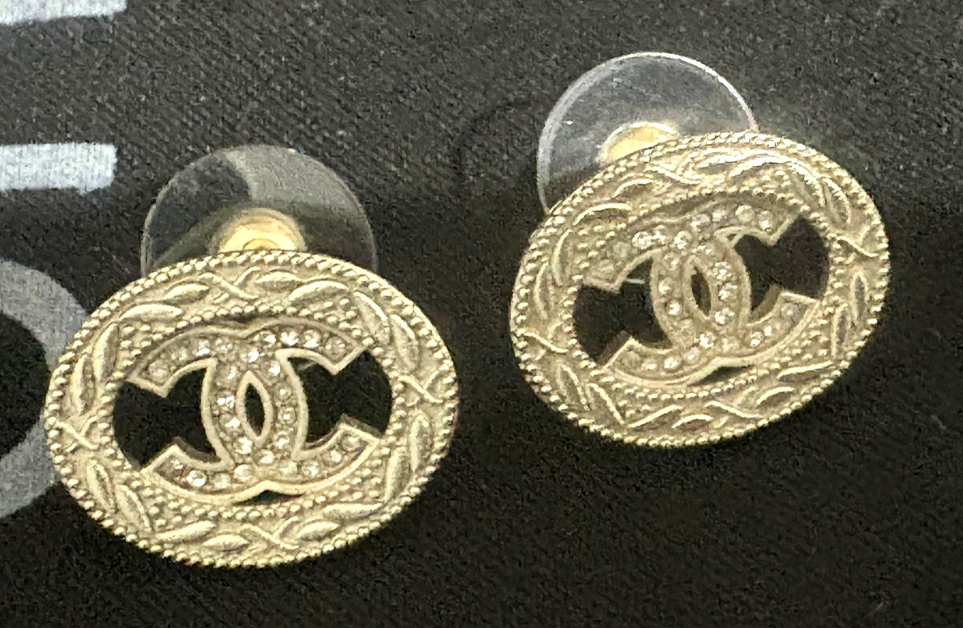 Chanel 2023 k collection CC lightGold &Zirconia Stud earrings with packaging.