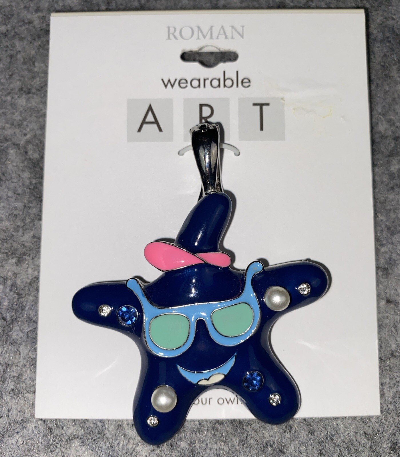 Wearable Art Pendant By Roman 2” STARFISH Blue Silver Tone W/Rhinestones NEW