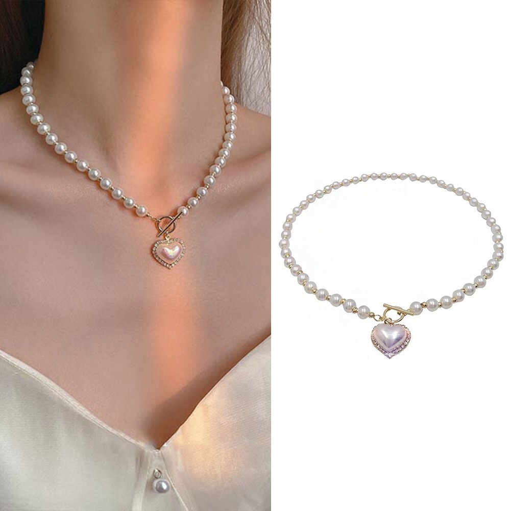 Heart Pendant Necklace Pearl Choker Korean Style Elegant Clavicle Chain Jewelry