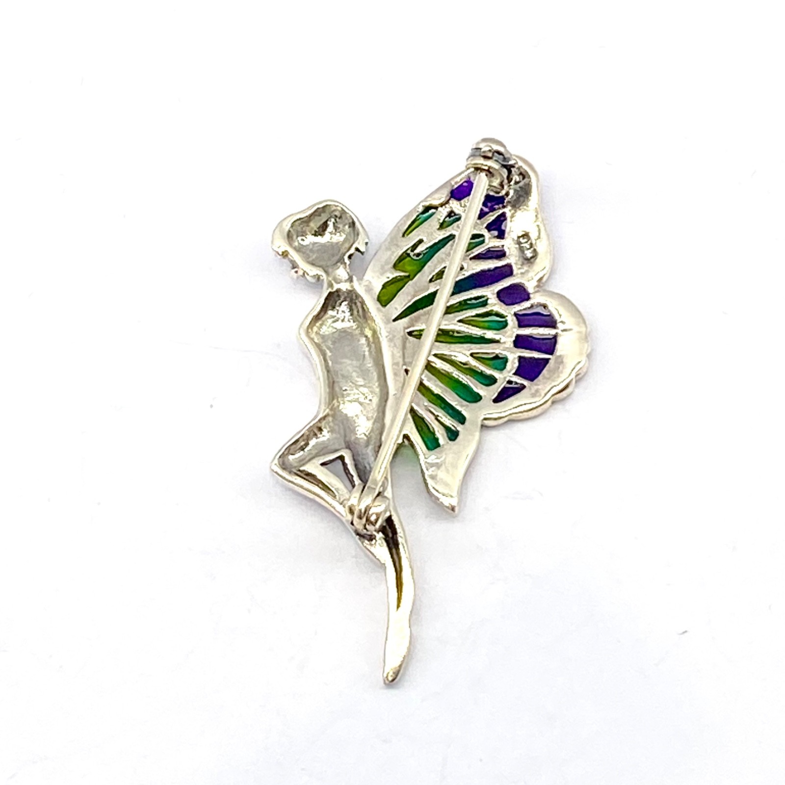 Silver Fairy Brooch 925 Sterling Plique a Jour Wings Marcasite 5.8 x 2.8cm New