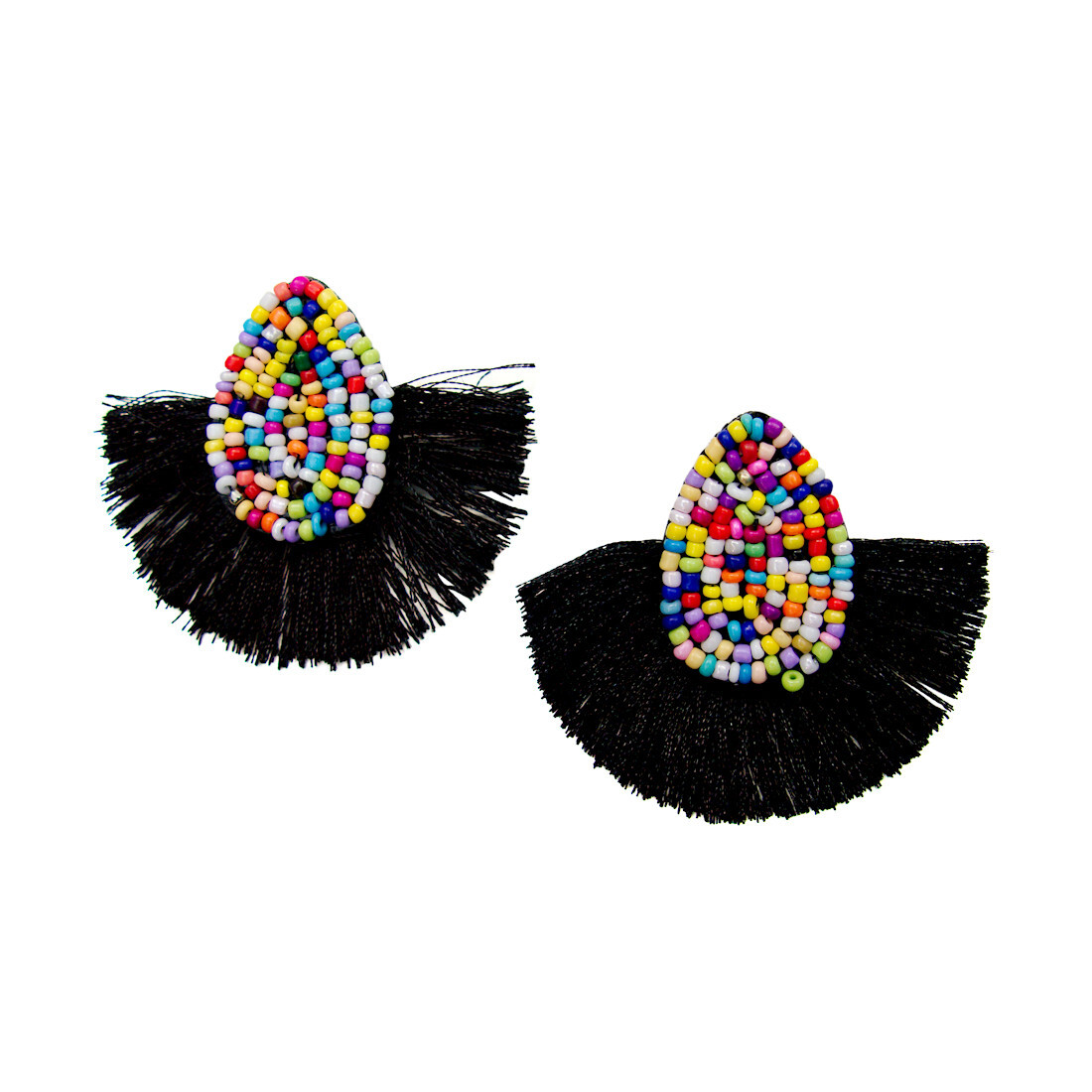 Seed Beaded Teardrop Black Tassel Stud Earrings Half Circle Fan Fashion Jewelry