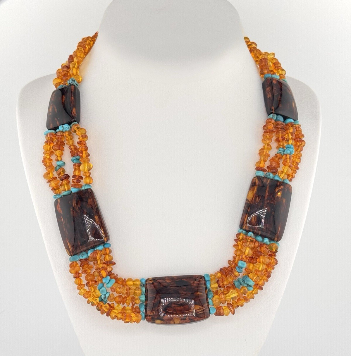 Bohemian Western Multi-Strand Beaded Statement Necklace with Amber & Turquoise