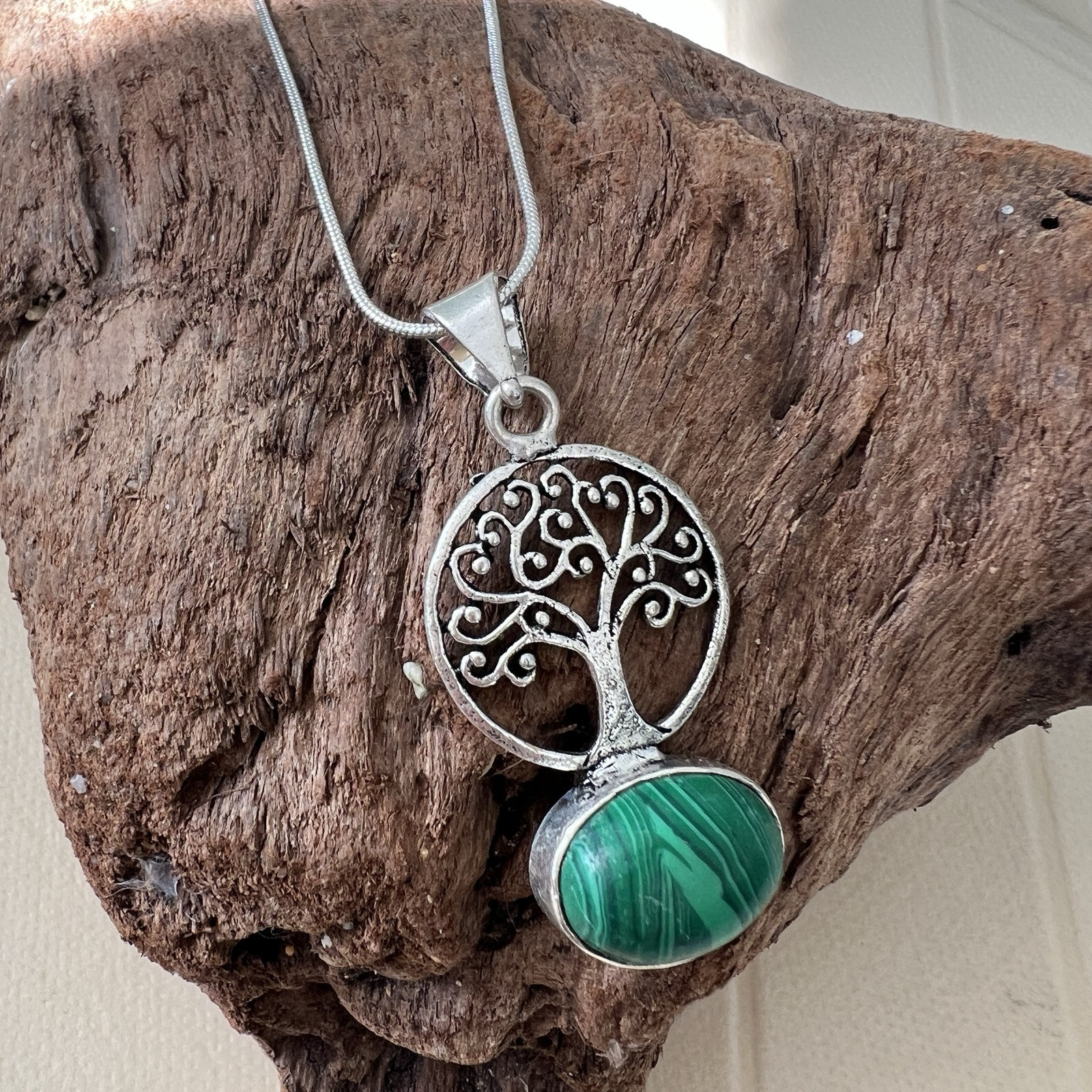 925 Sterling Silver Tree of Life Malachite Necklace Gemstone Womens Jewelry