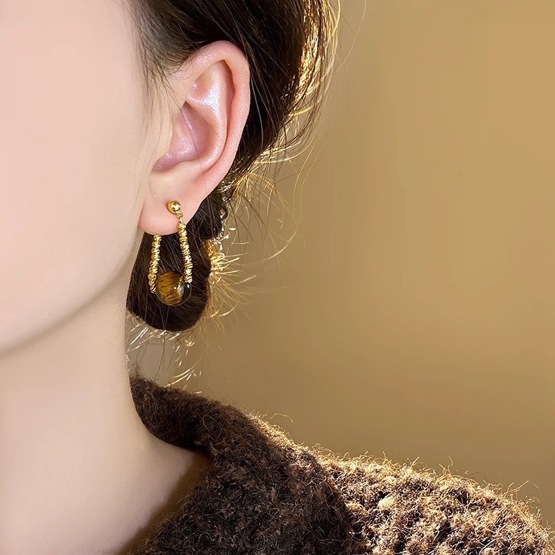 Round Tiger Eye Stone Hanging Earrings Womens Pendant Earring Fashion Jewelry