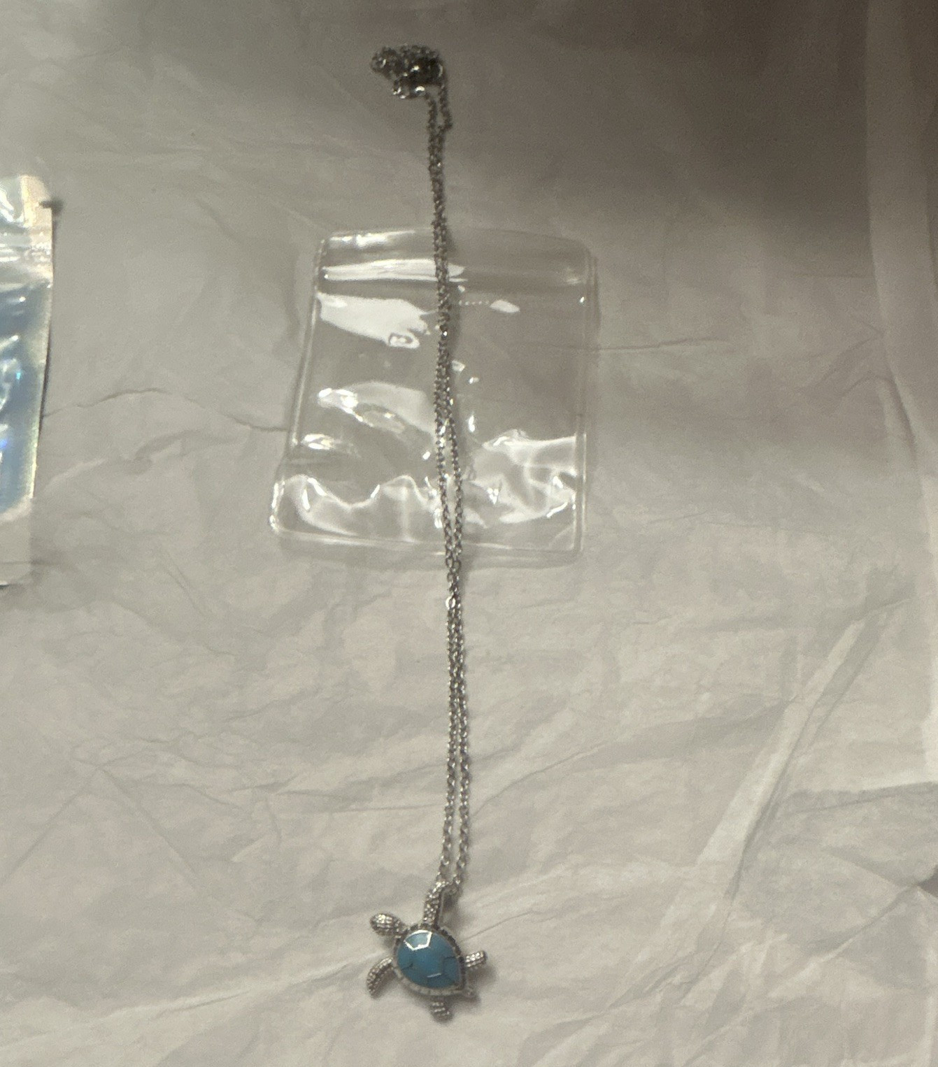 Silver Tone Round Link Chain Necklace Blue Turtle Charm Pendant