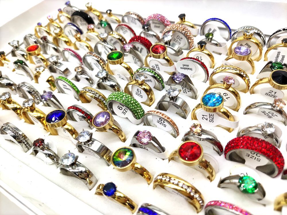 Bulk lots 50pcs Luxury Exquisite Multi-Color Zircon Stainless Steel Wedding Ring