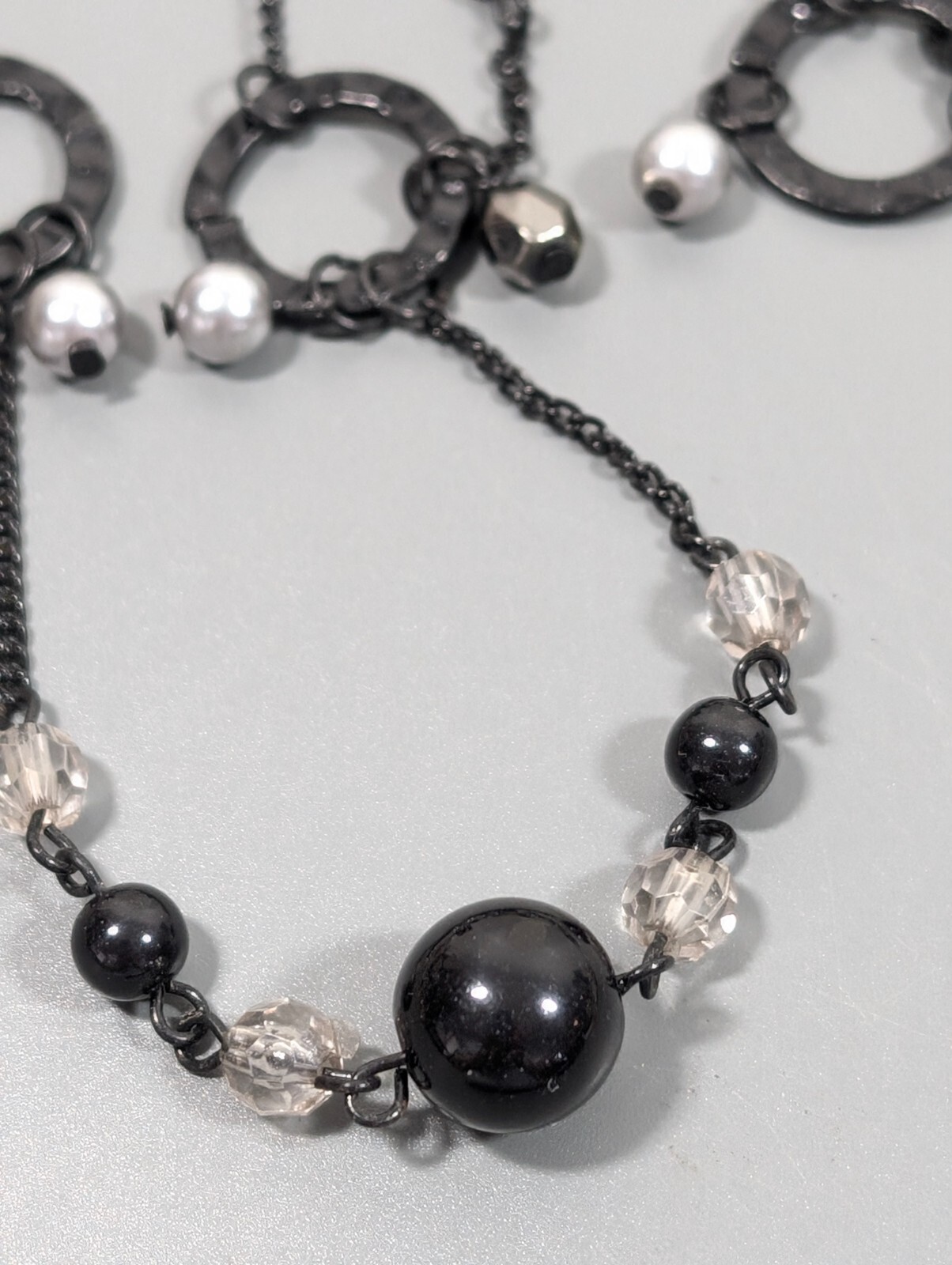 Black Beaded Chain Link Gray Long Charm Necklace Dark Gothic Western 34 inch