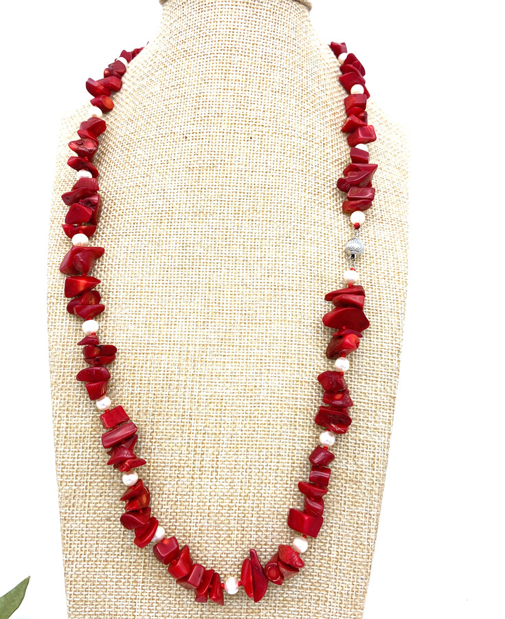 Red Nature Coral Gemstone & white pearl Chips Strand/String Necklaces 16-50“